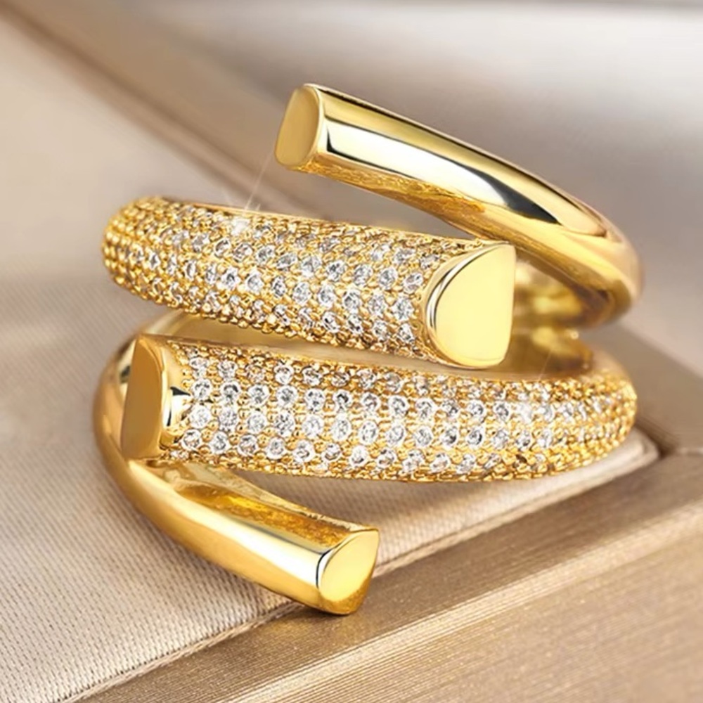- 💄Gold Plated Luxurious Nail wrap  CZ Diamond Pave Ring